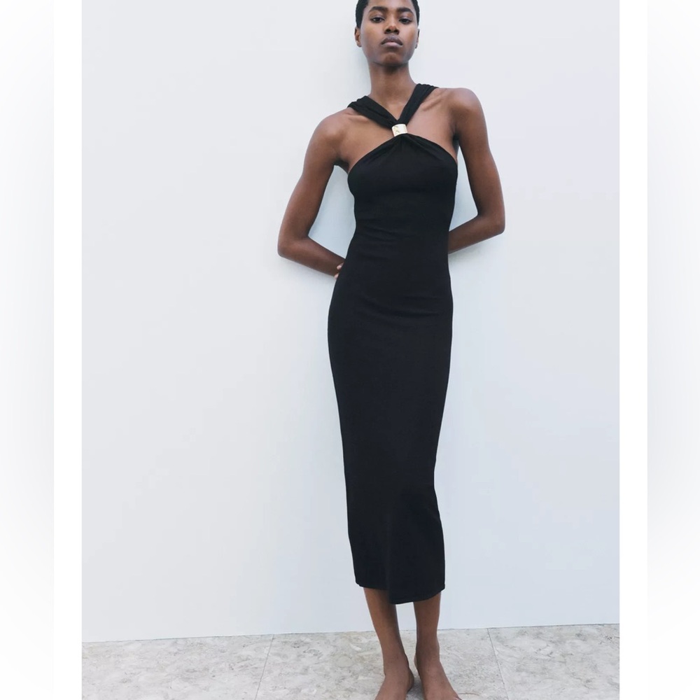 ZARA Gold applique halter dress
